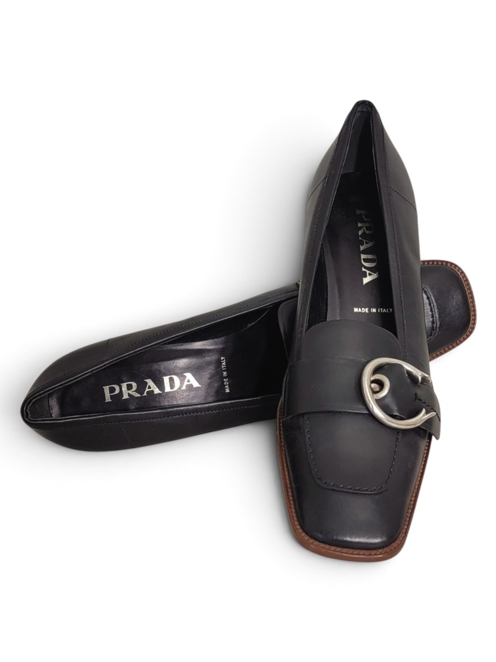 Archival PRADA Vintage Loafer Kitten Heels Buckle Black Leather 38.5